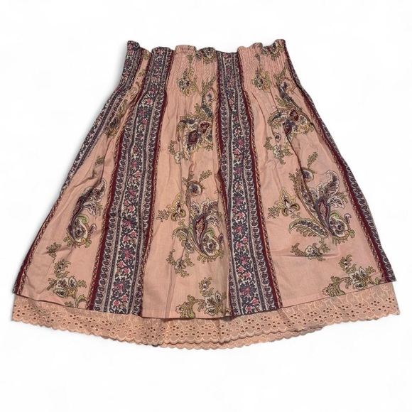 VTG y2k Charlotte Russe Boho Mini Skirt Sz 7 Pink Paisley Smocked Waist Lace Hem - Picture 2 of 4